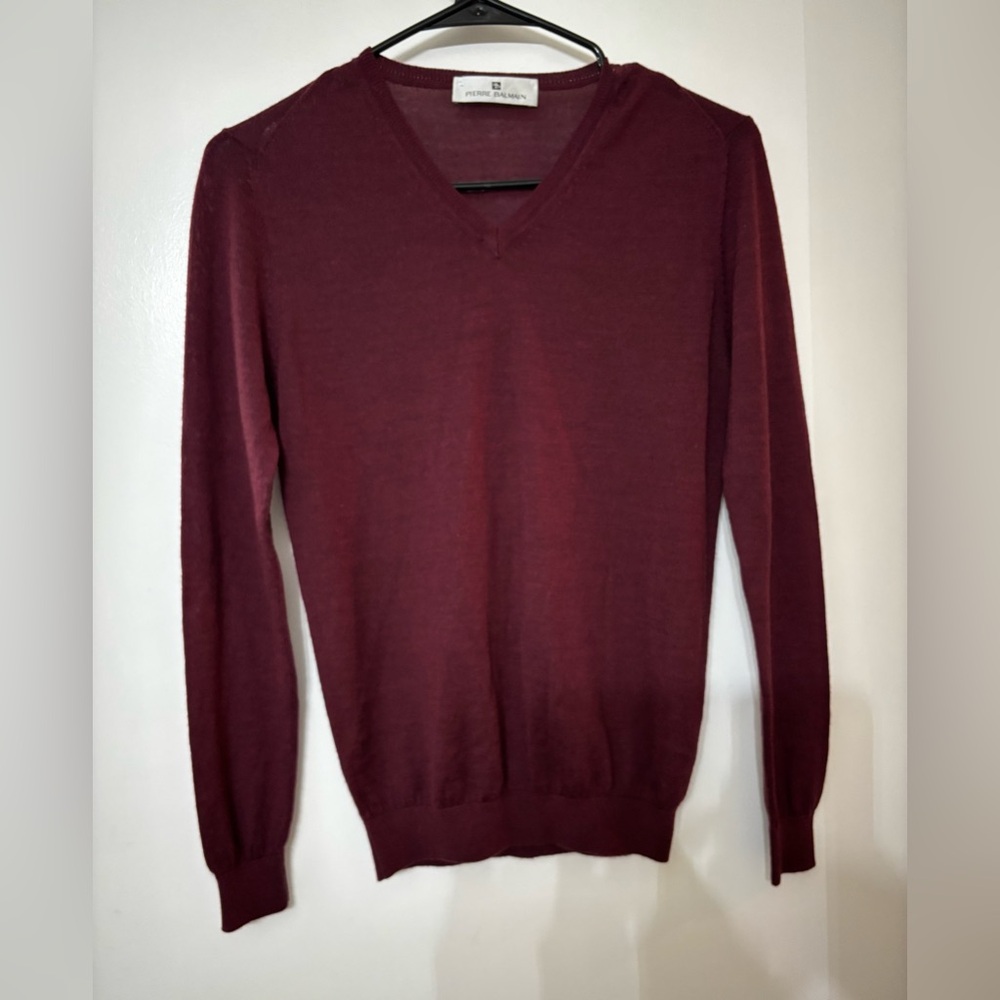 Pierre Balmain Men’s Long Sleeve Burgundy Cashmere Silk V Neck Sweater Small